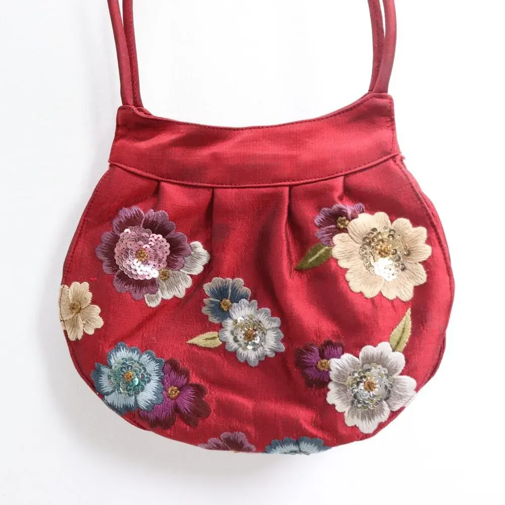 DV Evening Handbag S Red Floral Embroidered Sequin Beaded Purse Satchel Bag